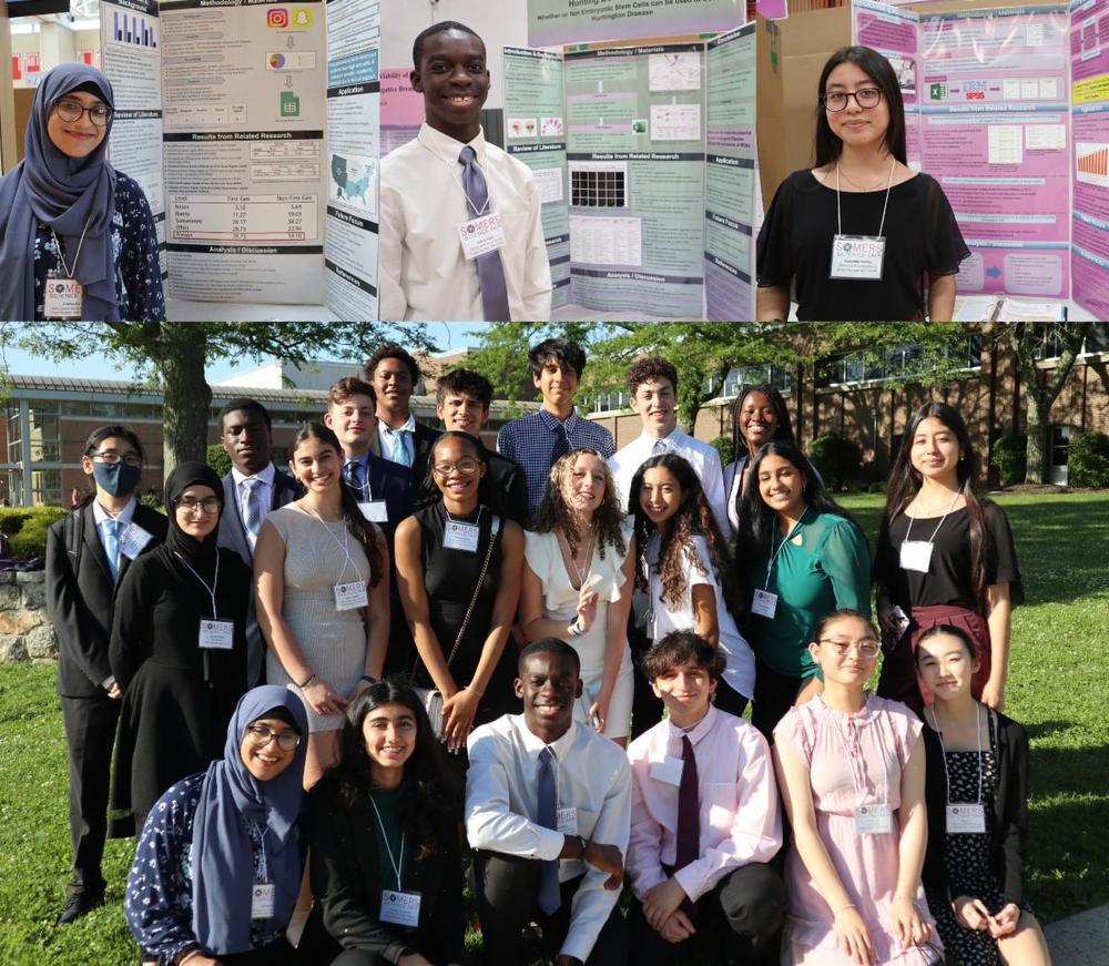 The group photo shows sophomores in the Science Research Program. Individual photos, from left, are of Alishba Zia, Obinna Njoku, and Samantha Ramirez.