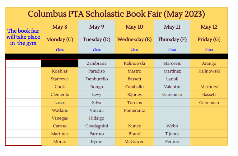 Book Fair schedule